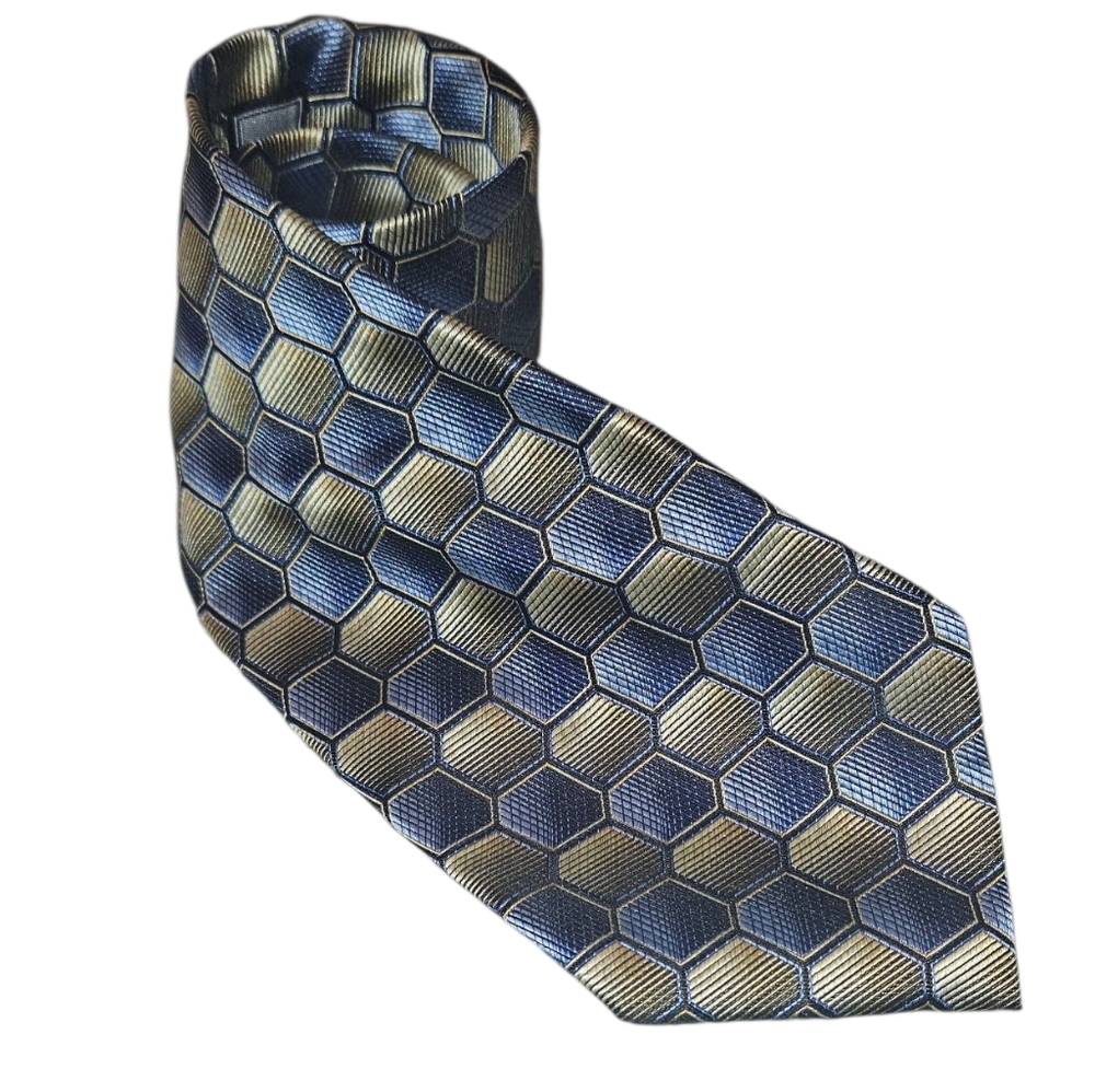 Vintage Handmade Platinum Designs Blue and Gold Silk Geometric Ties